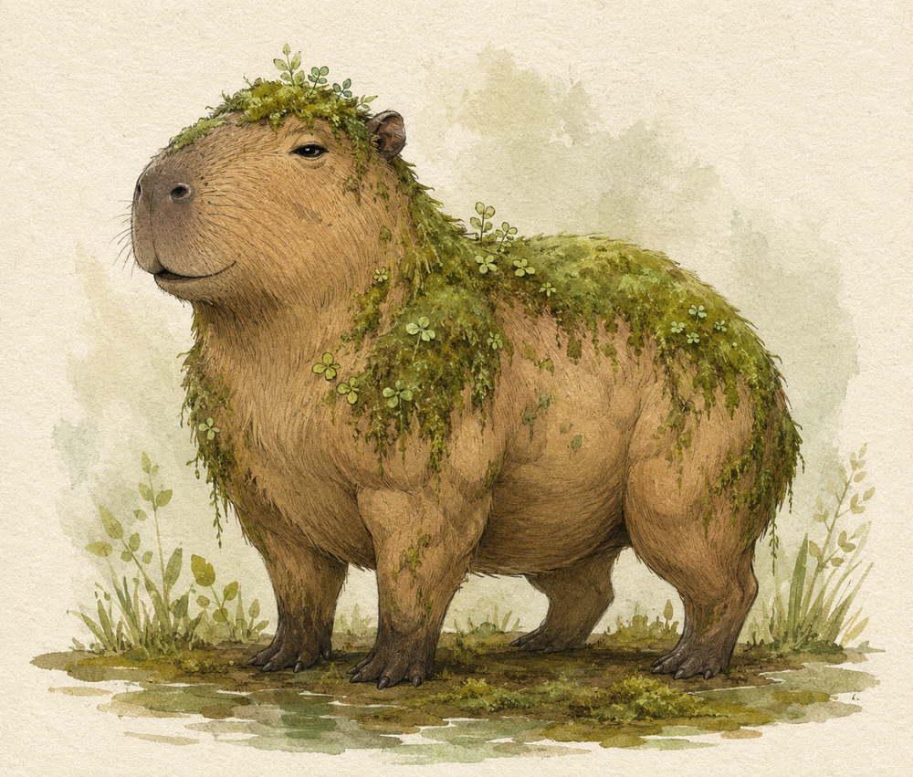 Mossback the Capybara, gatekeeper of The Couchlands. A watercolor capybara with moss and clover sprigs growing along his back and head.